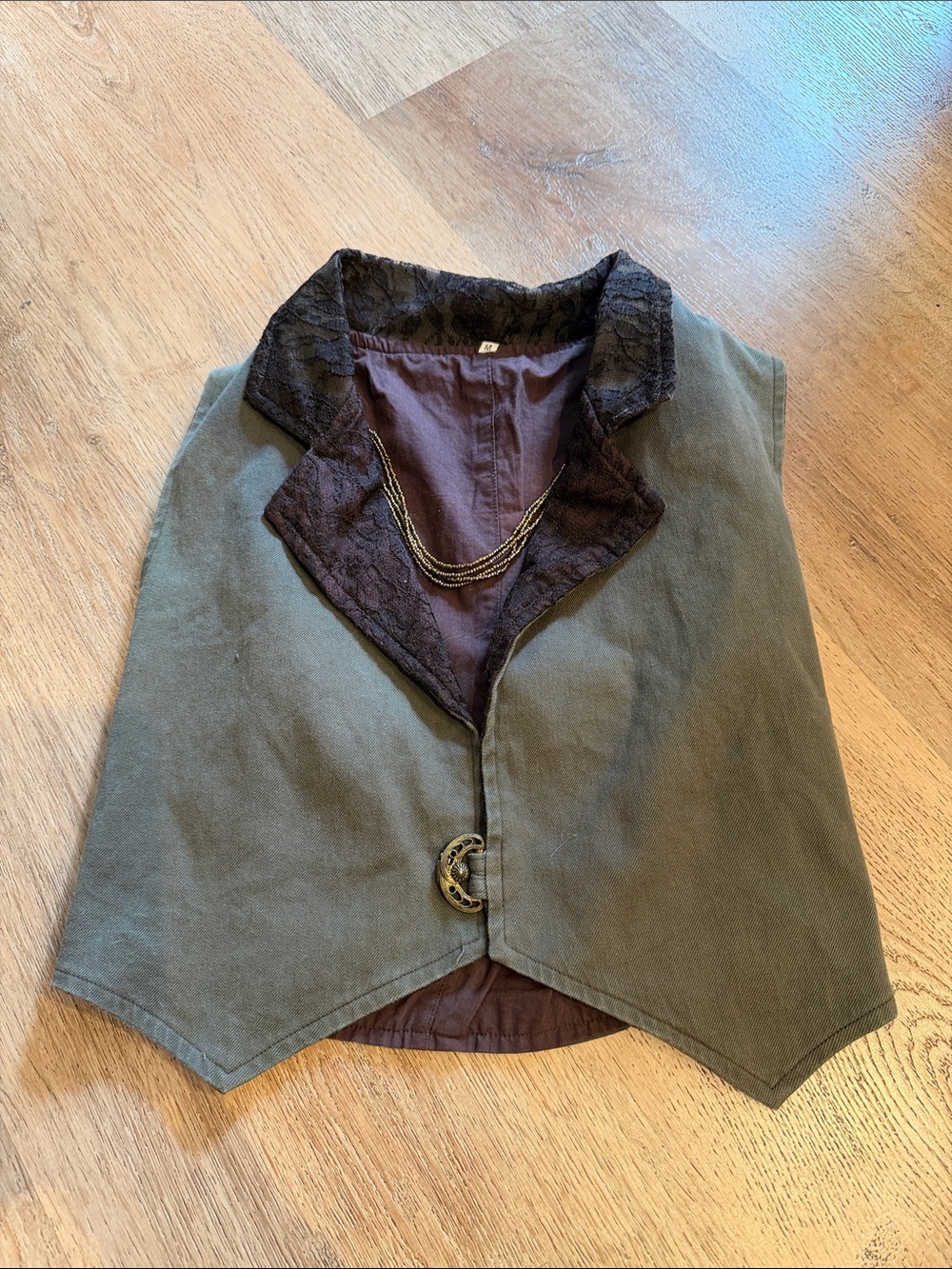Handmade Women's Olive Green & Brown Vest with Decorative Bead Decollette